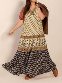 2025 Spring And Summer Multicolor Casual Elegant Floral Print V-Neck Short Sleeve Loose Plus Size Dress Beach Vacation Music Festival - Orange - View 5