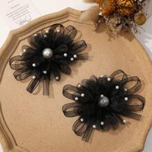 2 Pieces Elegant Black Floral Pearls Detachable Shoe Clips With Ruffle Net Bowknot Twist Design, Suitable For Wedding And Party High Heels, Shoe DIY Accessories