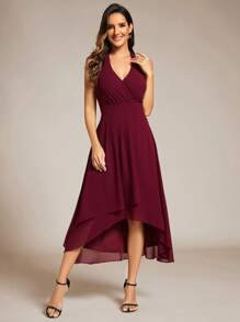 EVERPRETTY Halterneck Backless High Low Wedding Guest Dress In Chiffon, Bridesmaid Dress - Burgundy - View 1
