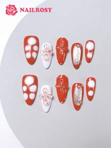 nailrosy 10Pcs Handmade Press On Nails Kit Long Almond Red White Sliver Speckled Flower Pearls Japanese Style Modern Elegant Minimalist Korea Style Fresh Design Chic French Style Press On False Nails Nail Supplies Nails - Red - View 4