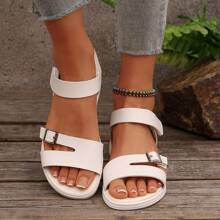 Simple Soft Bottom Roman Sandals, Fashion Students Flat Ladies Sandals, Plus Size Solid Color Buckle Daily Wear Hollow Asymmetrical Design Women Sandals - White - View 4