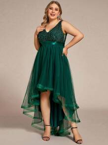 Plus Size Elegant V-Neck Bridesmaid Dress With Mesh & Sequin Patchwork, Party Dress, Prom Dress