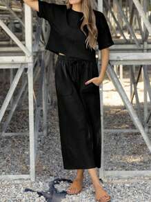 Women's 2 Piece Outfits Sweatsuit Casual Short Sleeve Pullover Tops And Drawstring Wide Leg Pants Lounge Sets