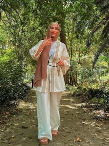 2 件亚麻外观和服套装：长袖衬衫和裤子，度假装，沙滩装，度假装，旅行必需品，夏季时尚，端庄 - 米色 - 查看 2