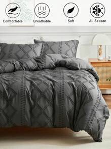 2/3 件深灰色几何条纹图案簇绒纹理涤纶羽绒被套，波西米亚风破旧别致床上用品套装，适合所有季节使用大号床（1 个羽绒被套 + 1/2 个枕套）