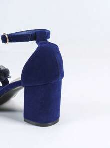 Qin TiNian Women's Square Toe Floral High Heel Sandals, 6.5CM Stiletto, Elegant Navy Blue Wedding/Party Mid-Thick Heel Ankle Strap Shoes, Spring/Summer New Fashion - Royal Blue - View 8