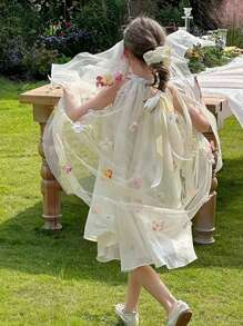 Vestido de princesa elegante con lazo y tul para niña, adecuado para niña de las flores, cumpleaños, fiesta, casual, actuación en el escenario, celebración festiva - Albaricoque - Ver 6