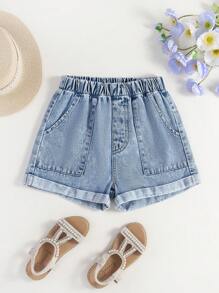 1pc Tween Girl Jeans, Cool Street-Style With Large Pockets & Rolled Hem - Medium Wash - View 1