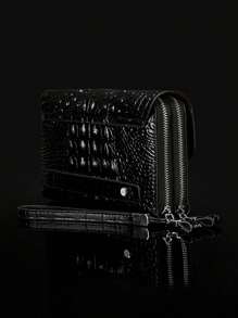 New Retro Men's Crocodile Embossed Clutch Bag, Dual Zipper Design, Large Capacity Handbag With Double Layer For Phone, Card And Cash, Fashionable Business Gift For Christmas (Random Crocodile Pattern) Mini Bag - Black - View 8