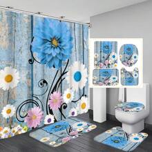 1 Stück / 4 Stücke farbenfrohe abstrakte Blumen Kunstwerke Multifunktions Badezimmer wasserdichter Duschvorhang mit 12 Haken, rutschfeste Badmatte, U-förmige Toilettenvorlage und runde Toilettendeckelabdeckung, Badezimmer Set für alle Szenarien Schulanfang