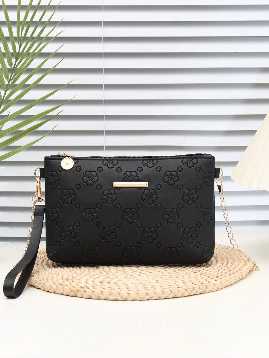 Mini PU Black Floral Embossed Minimalist Solid Color Shoulder Handbag With Chain - Black - View 1