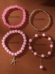 4pcs/Set Bohemian Ocean Beach Style Starfish Pendant Multi-Layer Beaded Asymmetrical Bracelets - Pink Beaded Starfish Bracelet - View 2