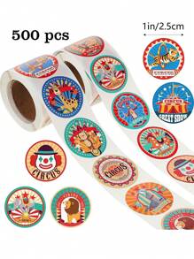 500pcs/Roll Clown & Circus Stickers, 12 Patterns, Carnival Party Gift Bag Sealing Stickers, Birthday DIY Decorative Labels, PVC Waterproof Stickers,School Supplies,Back To School - Multicolor - View 1