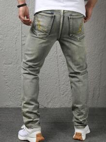 1pc Men's Front Button Pocket Distressed Washed Embroidered Casual Denim Jeans