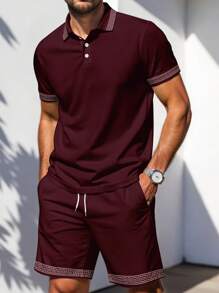 Men's Simple Short Sleeve Polo Shirt And Shorts Set, Business Commute - Burgundy - View 1