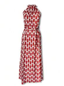 Spring Outfits For Women Summer Outfits For Women Holiday Dress Elegant Fashion Seaside Beach Vacation Casual Red Geometric Print Neck Strapless Slit Tie Belt Women's Long Dresses - Red - View 1