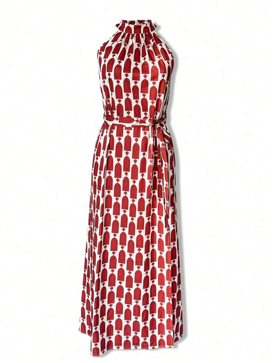 Spring Outfits For Women Summer Outfits For Women Holiday Dress Elegant Fashion Seaside Beach Vacation Casual Red Geometric Print Neck Strapless Slit Tie Belt Women's Long Dresses - Red - View 1
