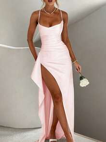 Elegant Sexy Satin Frill Trim Waist Party Dress, Bridesmaid Dress, Formal Gown - Pink - View 7