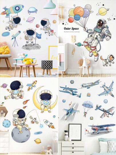 2 件太空主题墙贴，宇航员飞船和气球和星星可移除墙贴，装饰房间装饰家居装饰墙壁装饰浴室装饰墙壁艺术厨房家居装饰客厅墙纸家居装饰卧室装饰房间装饰用品客厅装饰