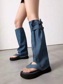 2-In-1 Fashion Open Toe Flip Flops Boots, Fabric Stacked Boots, New Spring/Summer High Heel Shoes, Convertible Boots And Sandals - Blue - View 5