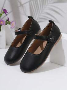 1 Pair Girls Flat Shoes, PU Flower Hook And Loop Adjustable Size Design Round Toe TPR Non-Slip Lightweight Comfortable Solid Color Fashion Ballet Flats, Suitable For 5-14 Years Old Elementary & Middle School Students, For Home, School, Holidays And Performances - Black - View 8