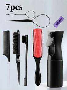 Juego de 7 piezas de cepillos y peines para el cabello, incluye: 1 botella de spray de 200ml, 1 bucle para trenzar el cabello, 1 cepillo de teasing, 1 peine con punta de rata, 1 peine separador de rayas para teñir el cabello, 1 cepillo desenredante para cabello rizado, cabello negro, afro de textura 3a a 4c ondulada, para cabello húmedo/seco/largo y grueso rizado, que exfolia el cabelludo para lograr rizos hermosos y brillantes (negro, rosa, morado) - Negro - Ver 13