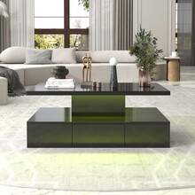 Mesa de centro con cajón, dos niveles de espacio de almacenamiento, acabado negro brillante. - Negro - Ver 3