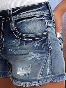 Women's Fashionable Ripped Skinny Denim Shorts - Blue - View 6