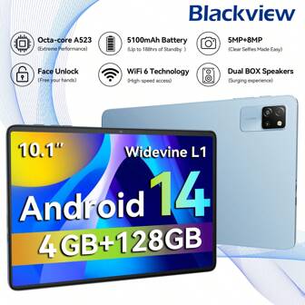 Blackview Tableta Android 14 A523 8 núcleos 1.8Ghz/4GB RAM/128GB ROM/WIFI6/BT 5.0/10.1 Pulgadas 1280*800 Pantalla HD/5100mAh/Tipo-C/Cámara 5MP+8MP Para azul EE. UU., ¡Impulso tecnológico de verano!