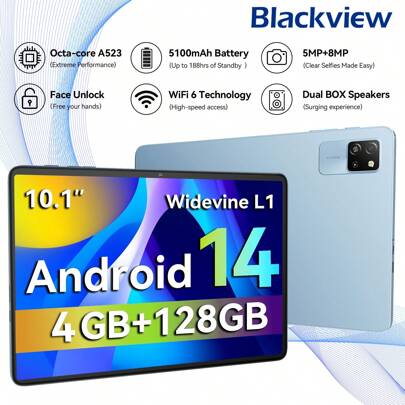 Blackview Tableta PC Android 14 A523, 8 núcleos 1.8GHz/4GB RAM/128GB ROM/WIFI6/BT 5.0/10.1" 1280*800 Pantalla HD/5100mAh/Tipo-C/Cámara 5MP+8MP, Azul, EE.UU.