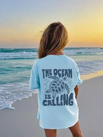 Teenage Girls Turtle & Letter Print Crew Neck Short Sleeve T-Shirt, Casual Summer Top