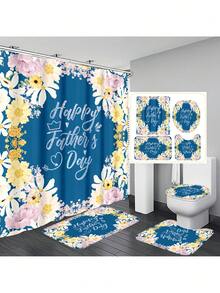 1pc/4pcs Father's Day Printed Multipurpose Bathroom Decor Set - Waterproof Shower Curtain With 12 Hooks, Slip-Resistant Bath Mat, U-Shape Toilet Mat, Round Toilet Lid Cover, Suitable For All Bathroom Scenarios Back To School