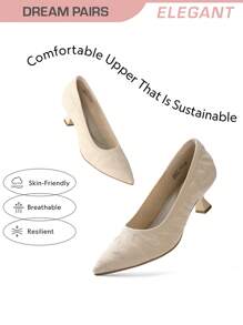 Women's Pointed Toe Kitten Heels Work Pumps Comfortable Knitted Closed Toe Dressy Wedding Shoes - 杏色 - 查看 1