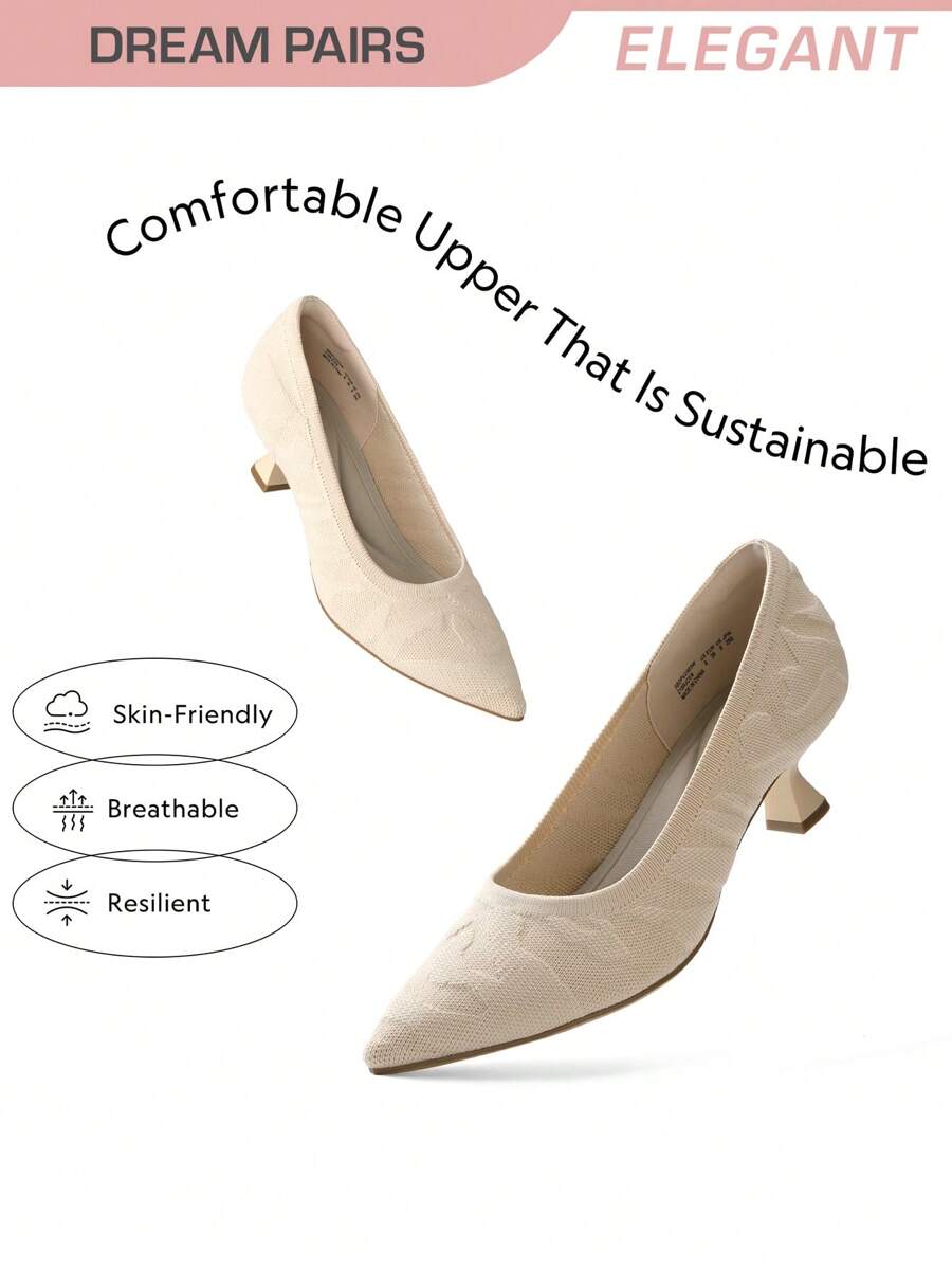 Women's Pointed Toe Kitten Heels Work Pumps Comfortable Knitted Closed Toe Dressy Wedding Shoes - 杏色 - 查看 1