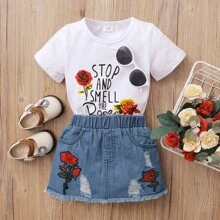 2PCS Toddler Newborn Kids Girls Letters Print Tops Pockets Denim Ripped Jeans Skirts Dress Infant Party Outfits Kids Clothes Set - White - View 3