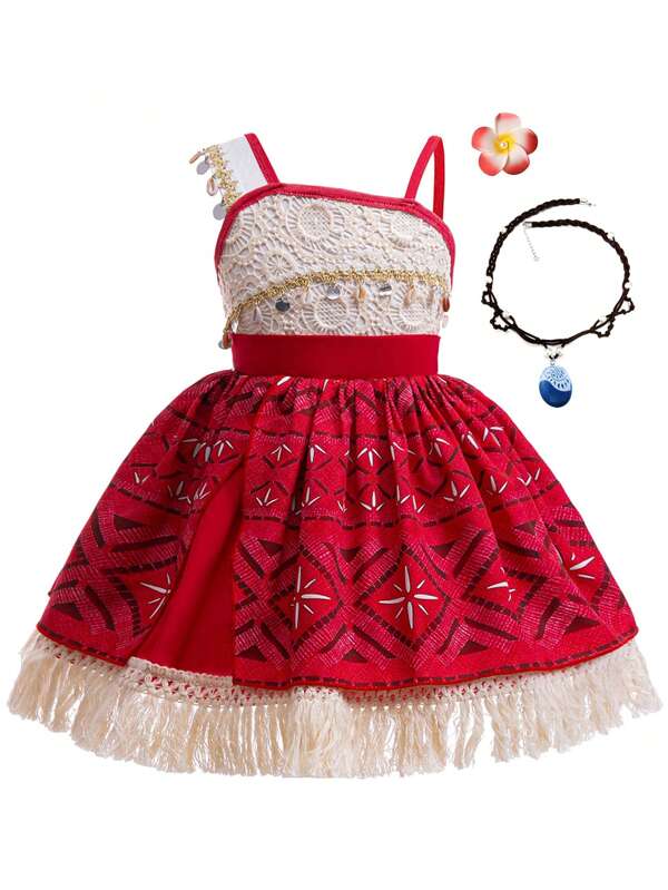 Disfraz de aventura para niñas, vestido de princesa para fiesta de cumpleaños de niñas, vestido con flecos con collar y pasador para el cabello