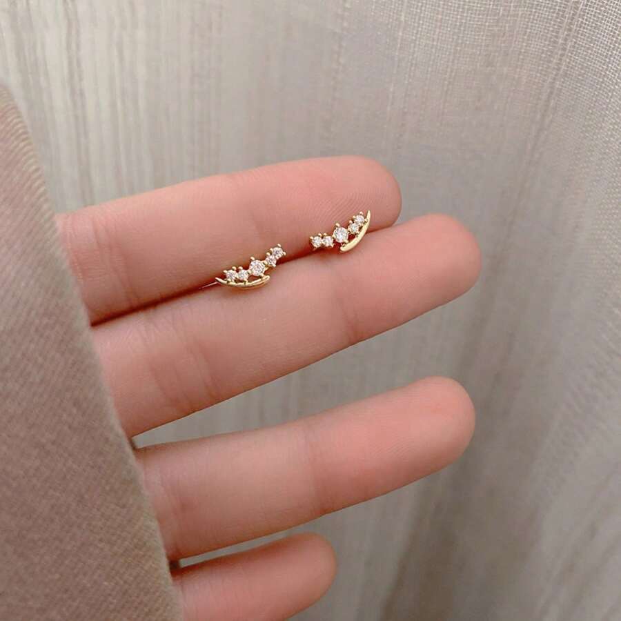 1 对 925 纯银几何弧形小麦耳钉，镶嵌闪亮锆石，甜美设计，适合日常佩戴，高品质女士珠宝 - 金黃色 - 查看 1