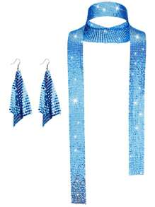 Forever & Moment 2pcs Women'S Disco Accessories From The 70s, Disco Sequin Scarf, Imitation Diamond Pendant