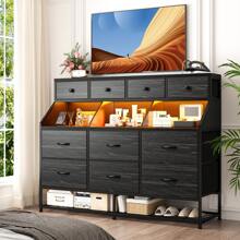EnHomee Large Dresser With 10 Drawers & Shoe Rack & Acrylic Shelving Unit, Wide Dressers And Chests Of Drawers With Power Outlets And LED Lights Bedroom Dresser For Entryway, Halfway, Closet, Mother's Day Decor, Room Decor, Home Decor, Vintage Black Wood Grain - 查看 2