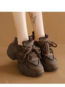 New Platform Thick Bottom Casual Increase Height Women Shoes, Fashion Versatile Mesh Breathable Chunky Sneakers, Leather Patchwork Stylish Personalized Female Student Women Shoes, Miarrayed Style Outdoor Women Shoes - Brown Velvet - View 2