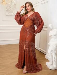 Plus Size Seomiscky Middle-East Women Sexy V Neck Long Sleeve Sequin Split Party Elegant Dress, Formal, Gown, For Evening, Wedding Guest - Brown - View 4