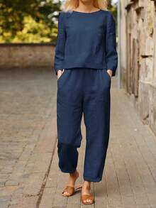 Damer höst Ny populär enfärgad rundhalsad långärmad skjorta och elastiska byxor Casual Löspendling Linne i två delar - Marinblå - Visa 6