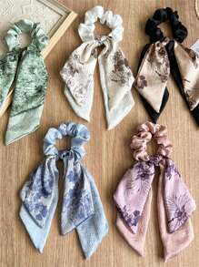 双层缎面面料碎花蝴蝶结发带，优雅花卉印花波西米亚风发带，涤纶