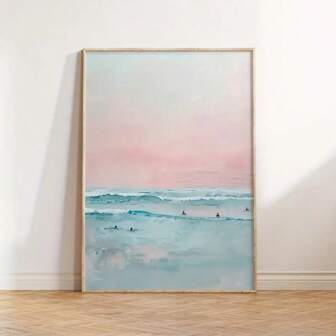 1 件无框海浪日出帆布印刷品 - 现代海滩墙壁艺术，适用于客厅、卧室或办公室装饰 - 垂直亚麻海报，采用平静的粉彩色调，轻巧多功能的室内悬挂艺术品，海滩主题装饰