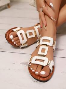 Moda feminina Fivela Decor Sandálias rasteiras, Sandálias femininas de praia de verão