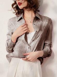 Elegancka luźna bluzka w paski, koszula w stylu Commuter z haftowanym napisem i kołnierzykiem z długim rękawem, wiosna/lato/jesień