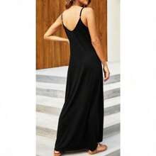 Vestido largo casual de verano con cuello en V, sin mangas, de estilo bohemio, con tirantes finos, floral y con bolsillos - Negro - Ver 4