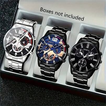 3件套男士不锈钢石英表套装，圆形表盘，锌合金表壳，电子机芯，商务休闲百搭男士腕表，适合日常搭配，是馈赠朋友和节日礼物的理想之选。