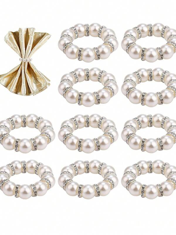 12pcs Elegant & Luxury Faux Pearl Napkin Rings, Wedding Table Decor Holders, Fashion Accessories For Dining Table, Party, Wedding Reception