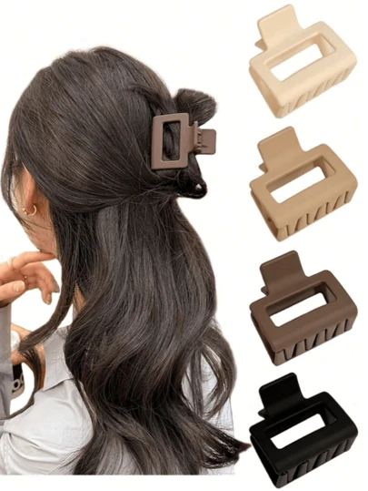 4pcs/1pc Medium Size Women Black, White, Brown, Khaki 2cm Square Plastic Hair Clips, Fashion Versatile Elegant Minimalist Solid Color Hair Accessories, Suitable For Daily, Casual, Party, Commute, Vacation, Washing Face, Makeup, Outfit Matching